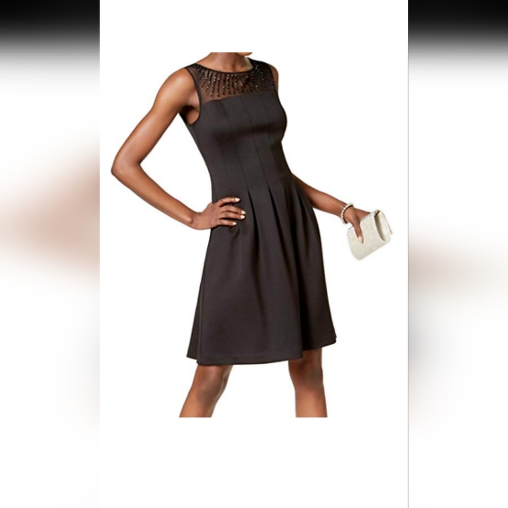Ellen Tracy Dress Black Beaded Sleeveless Flare Dress